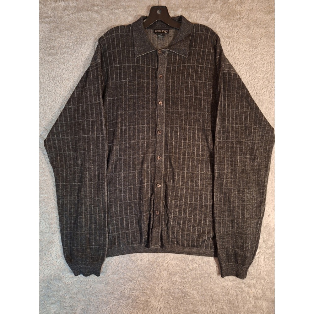 Anthology 100% Silk Sweater Mens XXL Button Front Charcoal Gray Grid Knit Polo